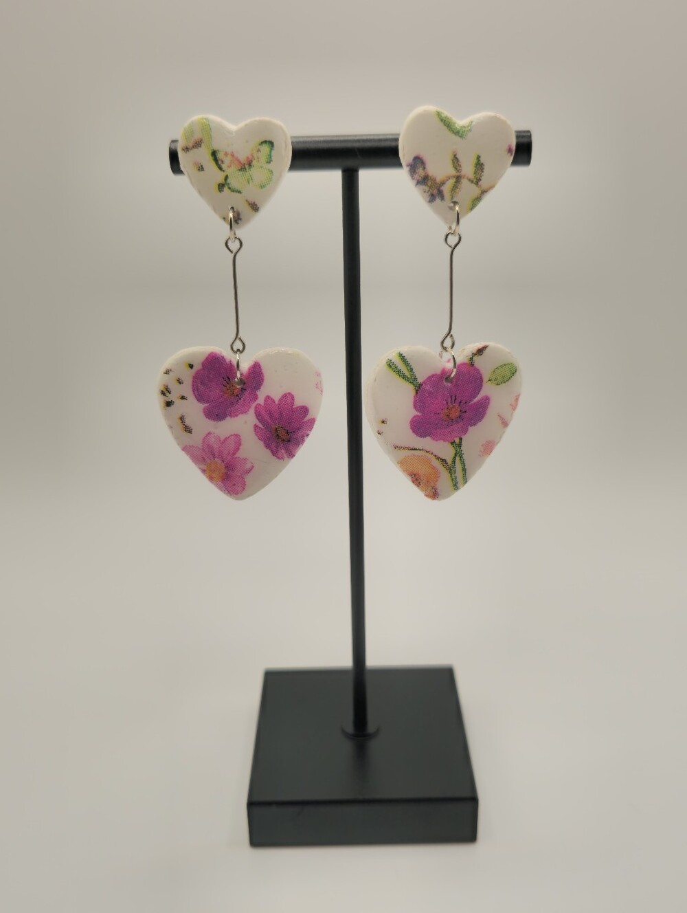 Hand Crafted Floral Pink Heart Drop Earrings